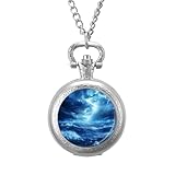 Storm in Night Ocean Vintage Pocket Watch with Chain Classic Numerals White Dial