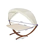 2 Person Cotton Hammock with Wooden Arc Stand & Canopy | Floor Standing Swing Bed for Garden, Patio, Yard | Russian Larch Wood, Detachable Hammock Chair Seat, Weather Resistant