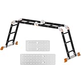 AMHANCIBLE Ladder, Multi-Purpose Folding Ladder, Aluminium Household Ladder With Two Safety Platforms, 4 x 3 Steps, 6-in-1, 340 cm Long, Support up to 150 kg, TÜV/GS certified, Orange UBAL01RN
