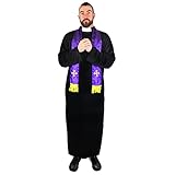 Mens Priest Costume - Small - Black Robe and Purple Clerical Scarf - Adults Halloween Fancy Dress Costume