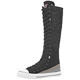 ANUFER Women's Under The Knee Canvas Boots Girl's Lace-Up Side Zipper Casual School Trainers F888 Black UK6