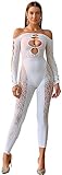 Bommi Fairy Women's Sexy Tight Hollow Out Long Sleeve Fishnet Sparkle Bright Artificial Pearls Bodystocking Rave Outfits Stretchy Suit One Size (White)