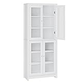FOREHILL 190cm Display Cabinet with 4 Glass Doors Tall Bookcase Kitchen Cupboard Sideboard Storage Cabinet Living Room White