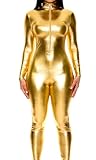 Forplay Women's Metallic Zip Front Mock Neck Catsuit, Gold, X-Small/Small