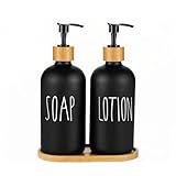 Hniuyun Glass Soap Dispenser Set with Bamboo Pump & Tray, 16 Oz Refillable Liquid Dispenser for Bathroom, Countertop, Kitchen, Laundry Room (Sl Black)