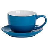 Argon Tableware Blue Cappuccino Cup with Saucer - 250ml Dishwasher Safe Gloss Stoneware Cappuccino Cups and Saucer Set Coffee Mugs with Handle and Grooved Plate