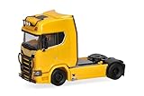 Herpa truck model Scania CS 20 HD rigid tractor witg light bar and bull bumper 2axles, on a scale of 1:87, plastic miniature, made in Germany, model building, collectors edition, broom yellow