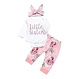 ChYoung Baby Girl Clothes Set Newborn Outfit Little Sister Romper Top and Rose Printed Pant and Headband 3 Pieces (Pink, 0-3 Months)