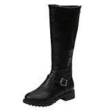 Women's Knee High Boots Size 6.5 Wide Calf Knee High Boots Flat Combat Riding Boots Buckle Leather Riding Footwear Black