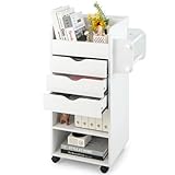 SFAREST Mobile File Cabinet, Rolling Stationery Filing Cabinet with Lockable Wheels, 3 Drawers, 2 Open Shelves & 2 Hanging Bars, Wooden Under Desk Storage Cupboard for Home Office