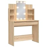 vidaXL Dressing Table and Makeup Vanity Desk with Mirror and Adjustable LED Lights - Sonoma Oak, Brown - Engineered Wood Design - Space-Saving Furniture for Bedroom