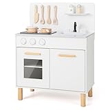 COSTWAY Kids Play Kitchen, Wooden Pretend Toy Kitchen with Sound & Lights, Sink, Faucet, Oven, Utensils, Children's Chef Role Play Set for Boys Girls
