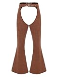 Mufeng Women's Faux Seude Cowgirl Pants Adjustable Waist Hollow Out Bell Bottom Long Trousers Brown M