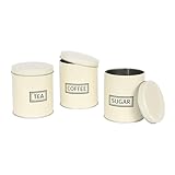 Harbour Housewares 3pc Tea Coffee Sugar Canisters Set – Cream Round Metal Kitchen Storage Tins with Airtight Lids – Modern Industrial Food Caddy Containers for Countertop Organisation