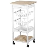 HOMCOM Mobile Rolling Kitchen Island Trolley for Home w/Metal Baskets Trays Shelves Wheels Compact Stylish Storage White