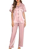 Lovasy Satin Pyjama Set Button Down Ladies Pyjamas Classic Womens Pyjamas Silk Pyjamas for Women Soft Pjs for Women Sets Two Piece Comfy Sleepwear and Loungewear,Light Pink,M