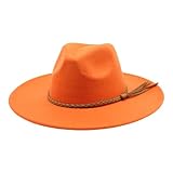 Wide Brim Fedora Hat - Wool Felt Panama Cap - One Size Unisex Women Men - Braided Leather Band - Fedora Sun Hat Orange