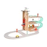 Owl & Fox Traditional Wooden Play Garage, Three Tier Garage with Ramps, Petrol Pump, Car Wash, Parking Barrier, Cars, Helicopter and Accessories, Interactive Imaginative Role Play