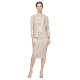 S.L. Fashions Women's Tea Length Sequin Lace Dress with Illusion Sleeve Jacket Special Occasion, Champagne Plus, 26