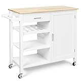TANGZON Kitchen Island on Wheels, Rolling Kitchen Storage Trolley with Cabinet, Oak Wood Worktop, 2 Shelves, Wine Rack, Adjustable Shelf, Drawer & Towel Rack, Utility Serving Cart Sideboard (White)