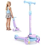 BELEEV A8 Foldable Kick Scooter for Kids Ages 3-12, 3 Wheel for Toddlers Girls Boys, Light Up With Adjustable Height, Non-Slip Deck, Lean to Steer (Purple)