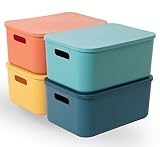 HapiLeap Storage Boxes With Lids, Stackable Plastic Storage Baskets for Shelves Kitchen Bathroom Playroom Classroom Office Nursery (Medium (4 PCS))