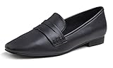 Feversole Women's Fashion Dress Comfort Low Heel Office Penny Loafer Flats Black Plain Vegan Leather Size UK 6