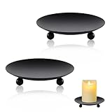 Feliciay 2pcs Pillar Candle Holders, Metal Candle Stand Round Tray, Church Candle Dish Pillar Holder for Christmas Table Decorative Home Living Room Decor(Black) - 10cm