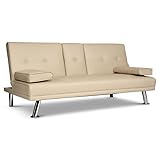 Bravich Manhattan 2 Seater Sofa Bed, Faux Leather Upholstery, Folding Sofa Bed with Drinks Holder for Living Room, Spare Room, Bedroom, Cream