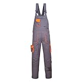 Portwest TX12 Men's Texo Contrast Bib and Brace Work Overalls Workwear Dungarees with Storage Knee Pad Pockets Adjustable Fit Elasticated Back, Grey, L