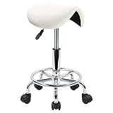 KKTONER Saddle Stool with Foot Rest PU Leather Swivel Adjustable Rolling Stool with Wheels Facial Salon Chair (White)