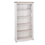Home Source Solid Pine Wood Large Bookcase, 5 Tier Shelves, Living Room Storage, White