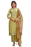 VredeVogel Kurta Set with Dupatta | Viscose Roman Silk Embroidered Kurta Set for Women | Women's Ethnic Casual Kurti Set |Kurta Pant Festive Suit (Mehndi_Large)