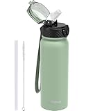 GOPPUS 600ml/20oz Stainless Water Bottle with Straw Double Wall Insulated Bottles with Strap Reusable Vacuum Thermal Flask Leakproof Keep Cold Drinks Bottles with Flip Top Lid for Men Women BPA Free