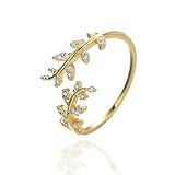 Leaf Silver Thumb & Wrap Around Open Rings - Simulated Diamond, Adjustable for Wedding, Promise, Birthday Party (Gold)