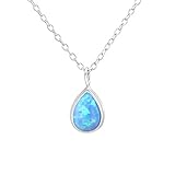I love silver jewellery Sterling Silver Synthetic Blue Opal Necklace - 17 inch Dainty Chain - Azure Blue Pendant for Women - October Birthstone Gift