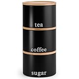EHC Tea, Coffee, Sugar, Canister Set, Set of 3 Stackable Airtight Food Storage Easy to Open Storage Cansiters Jars Tin, Black