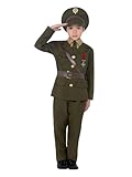 Smiffys Army Officer Costume, Green with Jacket, Belt, Trousers, Hat, Mock Shirt & Tie, Boys Fancy Dress, 1940s Dress Up Costumes