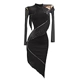 ZYMOZYM Turtle Neck See Through Back and Irregular Tassel Latin Dance Dress for Women (Black, L)