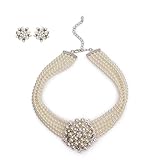 Lovett & Co - Audrey Hepburn Cream Pearl Choker Necklace & Stud Earrings Set with Glass Pearls Inspired by Breakfast at Tiffany's - Vintage Diamante jewellery for Women