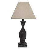 Dark Grey Washed Wood Vintage Rustic Fluted Urn Column Table Lamp with Linen Fabric Square Tapered Shade | 53cm Height | 1 x ES E27 Lamp Bulb Required | in-Line On Off Switch | Wooden Hand Carved
