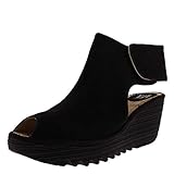 Fly London Womens Yone Leather Wedge Heel Peep Toe Cut Out Ankle Boots - Black - 5