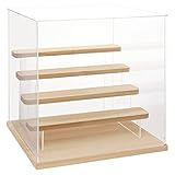 Nynelly 5 Tier Clear Acrylic Display Case for Models, Mini Figures, Pop Mart, Labubu, Sonny Angel, Smiski - Assemble Dustproof Display Box with Door, Display Stand (Wood Base Step)