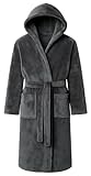 Mens Hooded Fleece Dressing Gown Soft Cosy Warm Bathrobe Hood, Charcoal, L-XL