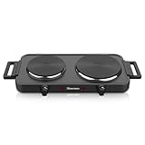 HomeTronix Electric Hotplate Double Hob Portable Electric Hot Plate, Dual Temperature Controls, Two Side Handles, 2500W, 2 Ring Table Top Stove for Cooking Warming Boiling Frying Home & Caravan Black