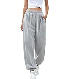 Oyamiki Womens High Waisted Sweatpants Loose Fit Drawstring Grey Joggers Casual Comfy Oversized Track Pants with Thin Fleece XL