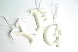 Plaque- Letters Hanging 6cm Wooden Carved Posh Graffiti Ribbon Hanging White Wood Initials