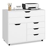 COSTWAY Mobile File Cabinet, 5 Drawers Lateral Stationery Storage Organiser Chest with Wheels and Door, Home Office Printer Stand Side Filing Cupboard (White, 77 x 40 x 64cm)