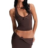 Women's Halter Neck Tank Tops Summer Sleeveless Solid Color Knot Front Shirts Dressy Tops (Dark Brown, M)