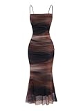 GORGLITTER Women's Tie Dye Ruched Fishtail Maxi Dress Ombre Mesh Party Ruffle Cami Dresses Brown L